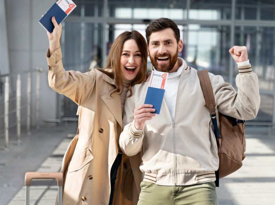 Couple at airport holding passports and boarding passes, celebrating travel.
