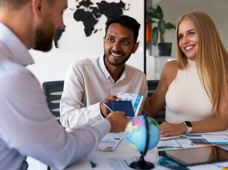 Couple discussing investor visa options with a consultant.