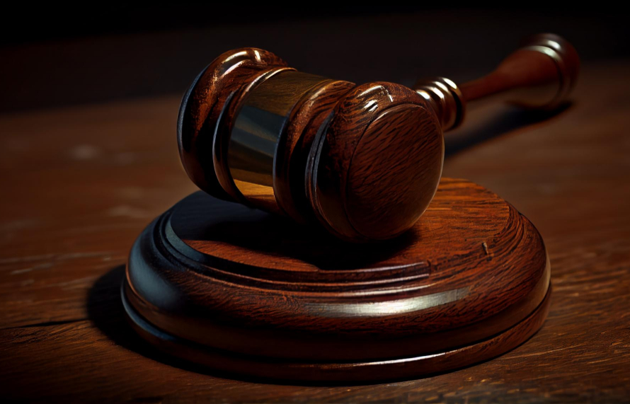 A wooden judge’s gavel resting on its sound block.