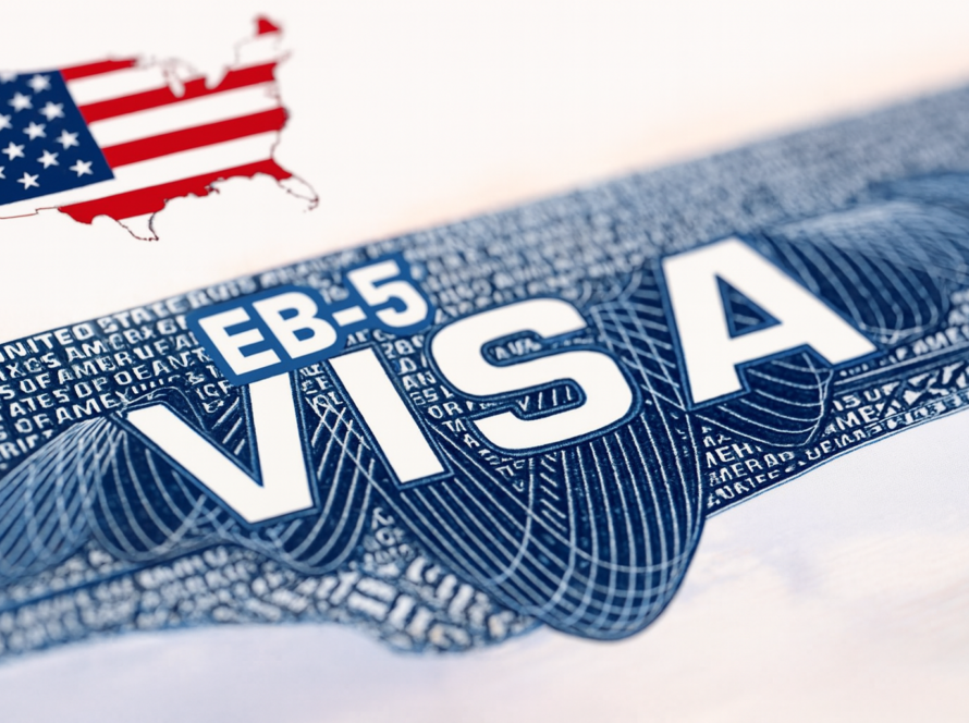 "Close-up image of an EB-5 visa with a USA map and flag. The visa is a symbol of the U.S. immigration process. If you are looking for the best immigration lawyer to help with an EB-5 visa application, it is important to consult a qualified professional."