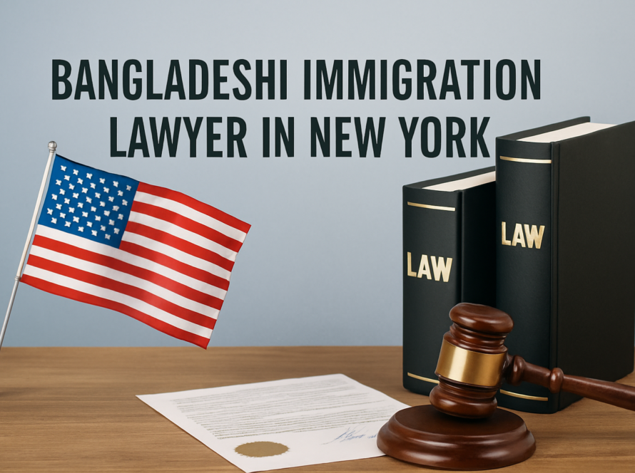 Best immigration lawyer in New York for Bangladeshi immigrants with U.S. flag and legal symbols