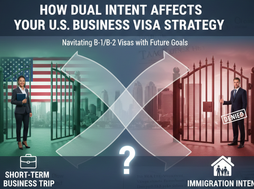 How Dual Intent Affects Your U.S. Business Visa Strategy, illustrating the impact of short-term business trips versus immigration intent with visual elements of gates and a business person.
