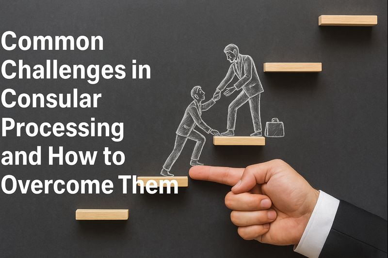 Hand supporting chalk-drawn figures on steps with text: Common Challenges in Consular Processing and How to Overcome Them