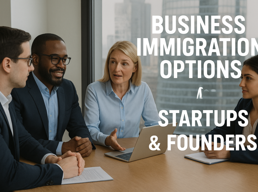 Business Immigration Options for Startups & Founders illustrated by entrepreneurs and advisors discussing visa and immigration strategies in a modern office setting