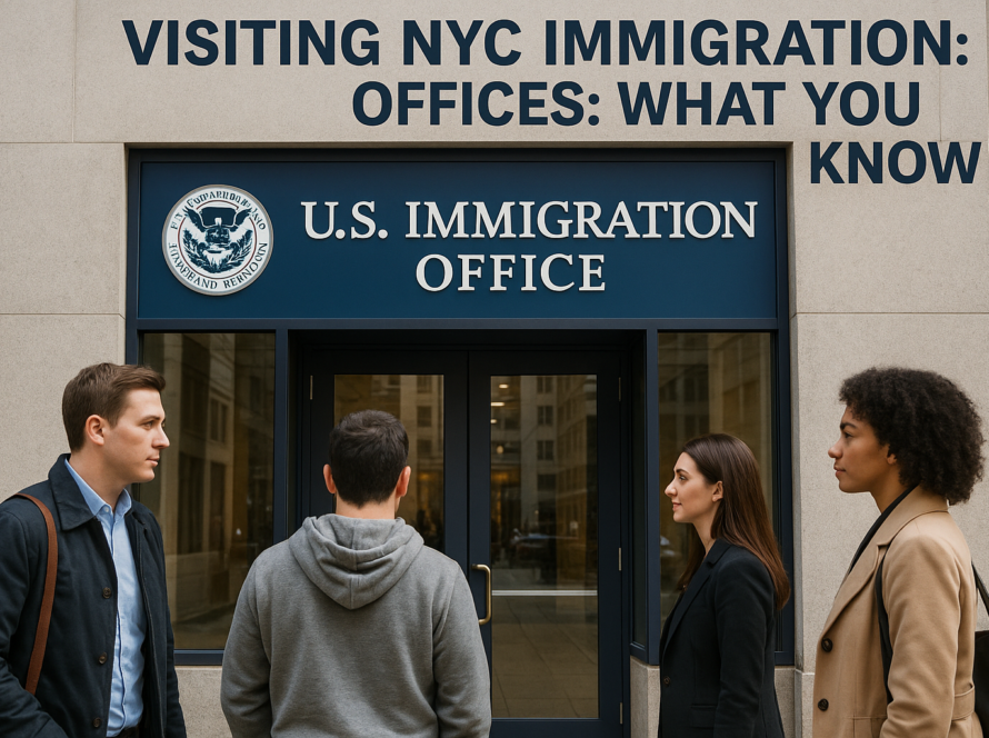 Visiting NYC Immigration Offices: What You Must Know illustrated by people arriving at a New York City U.S. immigration office building