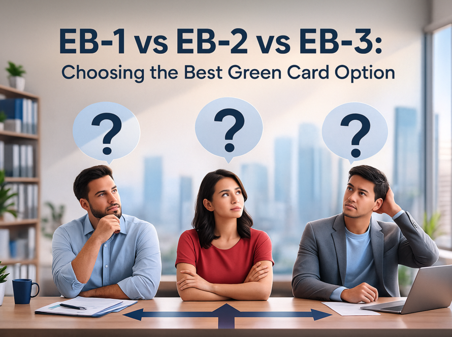 EB-1 vs EB-2 vs EB-3: Choosing the Best Green Card Option illustrated with professionals comparing U.S. employment-based immigration pathways