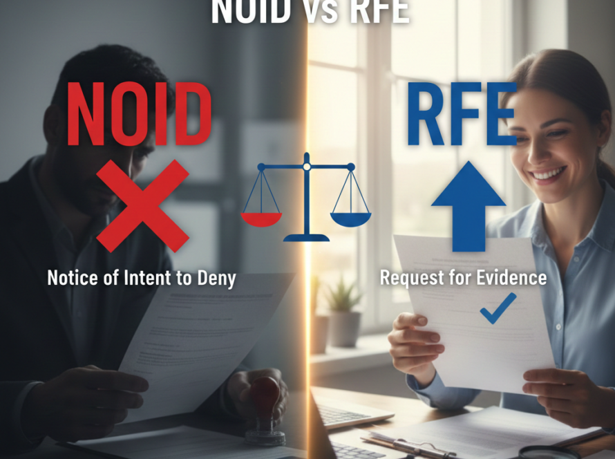 Split-screen infographic titled "Understanding NOID vs RFE." The left side shows a concerned man under a red "NOID" (Notice of Intent to Deny) label with a red X. The right side shows a smiling woman under a blue "RFE" (Request for Evidence) label with a blue checkmark. A balance scale sits in the center