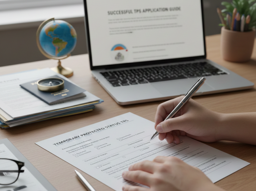 A laptop in the background displays a guide titled 'Successful TPS Application Guide,' alongside a passport, a small globe, and organized documents, symbolizing a prepared and professional application process."