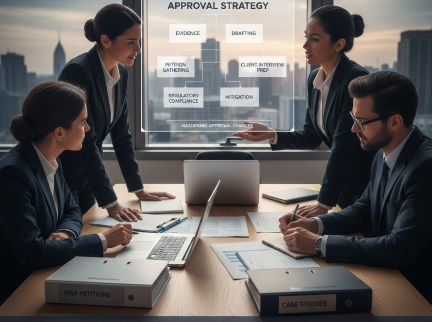 a collaborative team working with visa petitions and digital strategy maps to maximize application success rates.