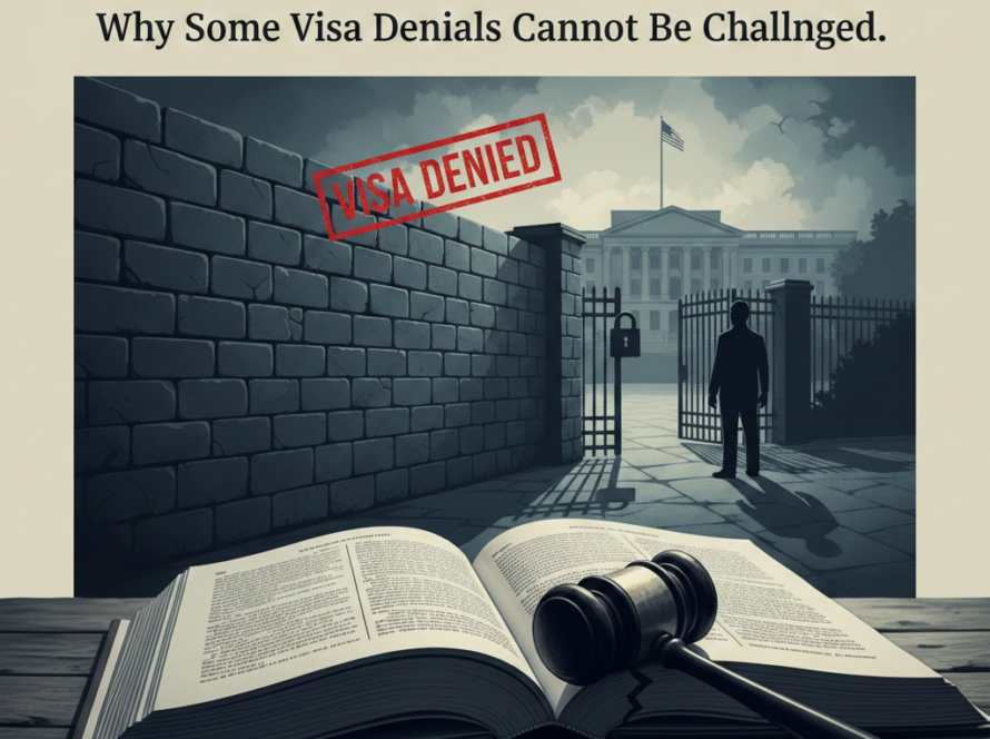 In the background, a person stands before a locked gate and a stone wall leading to a U.S. embassy. A red "VISA DENIED" stamp is displayed over the wall, symbolizing the finality of the decision.