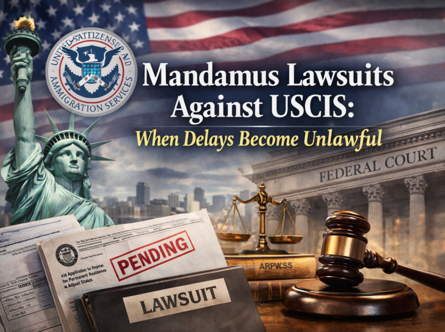 Mandamus Lawsuits Against USCIS: When Delays Become Unlawful illustrated with federal court, gavel, immigration documents marked pending, and U.S. legal symbols.