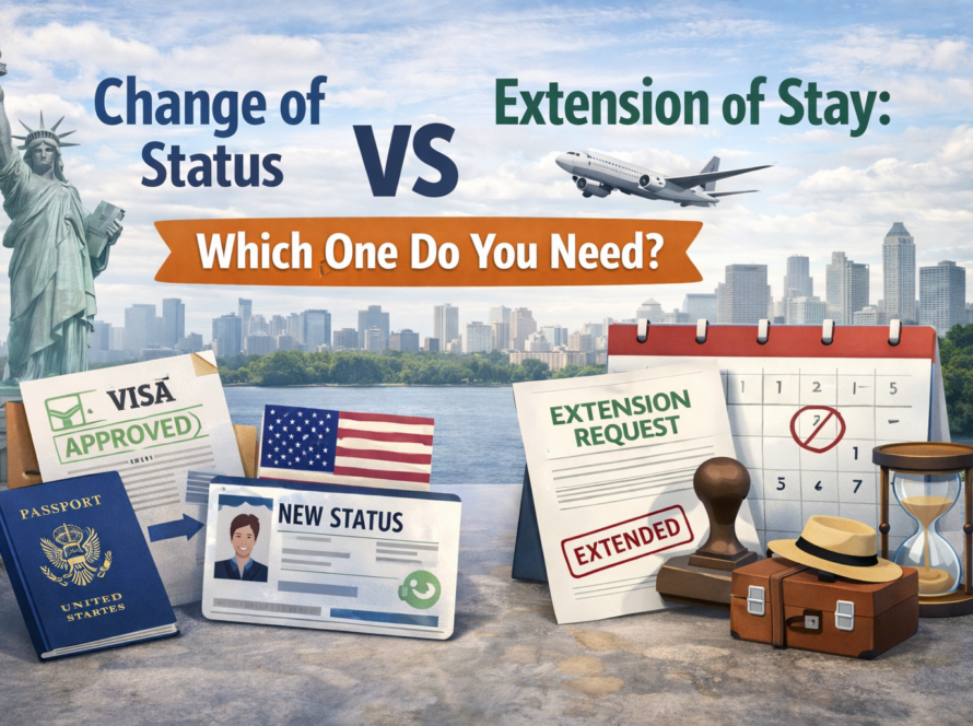Change of Status vs Extension of Stay: Which One Do You Need? visual comparison showing U.S. immigration documents, passport, approved visa, extension request form, calendar, and travel symbols with the Statue of Liberty and U.S. city skyline in the background.