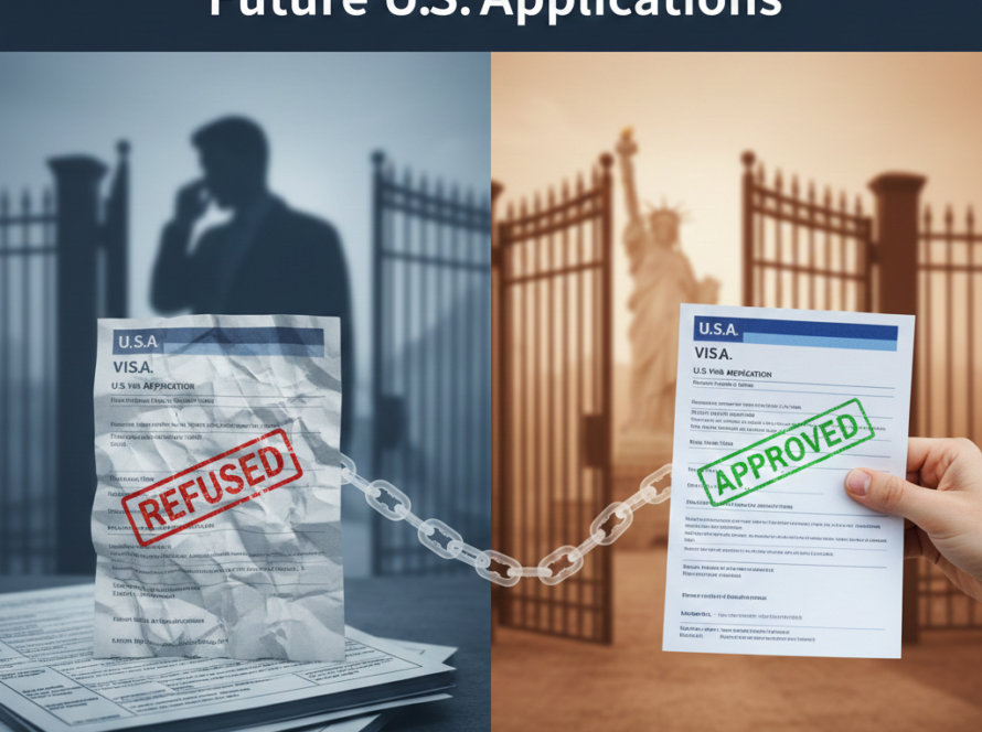 "A split-screen image showing a 'Refused' U.S. visa application on the left and an 'Approved' application on the right. A chain connects the two, symbolizing how a past refusal is linked to and affects the scrutiny of a future application."
