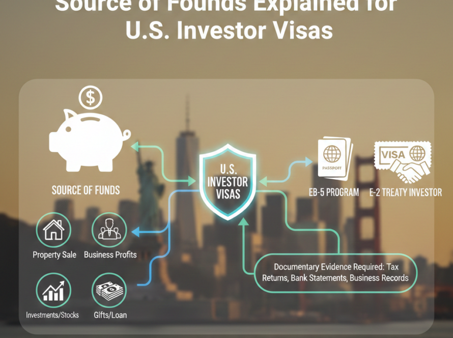 Source of Funds Explained for U.S. Investor Visas" showing a flow chart of legal capital sources—such as property sales, business profits, investments, and gifts—leading to EB-5 and E-2 visa categories. The image includes a note on required documentary evidence like tax returns and bank statements, set against a U.S. city skyline background.