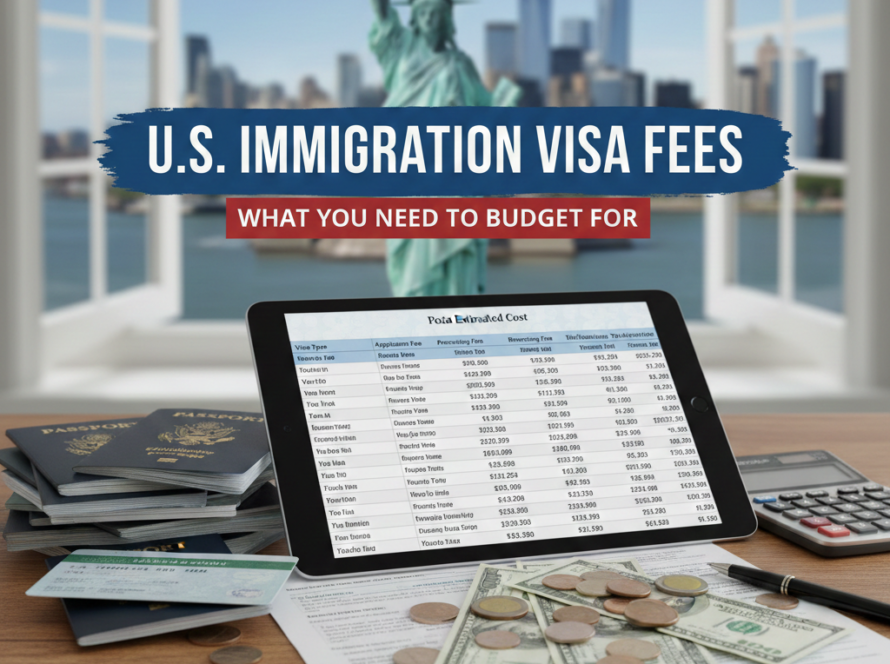 "U.S. IMMIGRATION VISA FEES: WHAT YOU NEED TO BUDGET FOR." The image features a digital tablet displaying a detailed cost estimation spreadsheet, resting on a wooden desk alongside stacks of passports, U.S. currency (bills and coins), a calculator, and a green card. In the background, a large window reveals a soft-focus view of the Statue of Liberty and the New York City skyline, symbolizing the goal of U.S. immigration.
